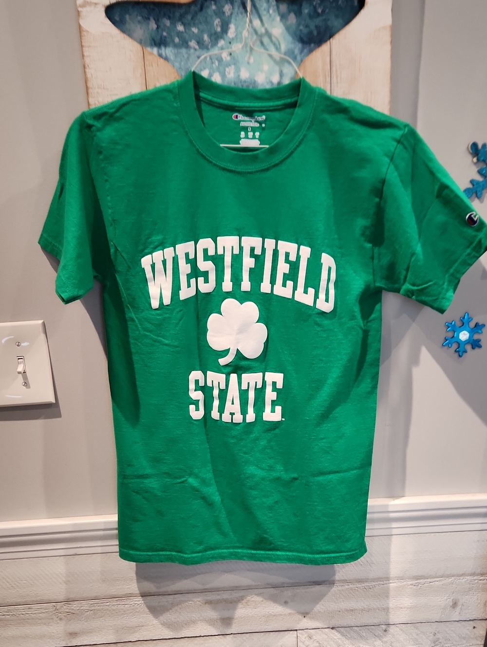 EUC Champion Green 'Westfield State' Graphic Tee w/White Shamrock SZ S